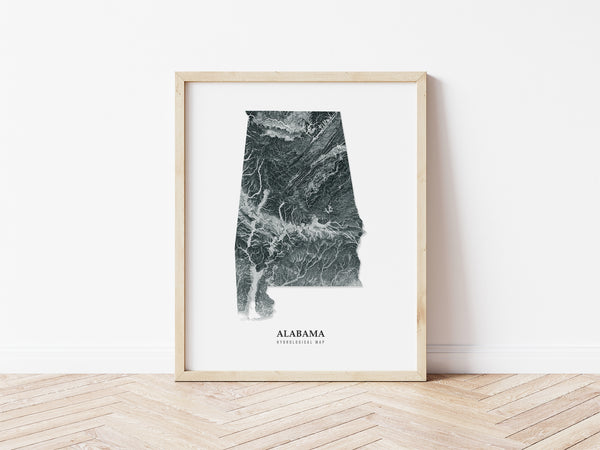 Alabama Hydrological Map Poster (Black)
