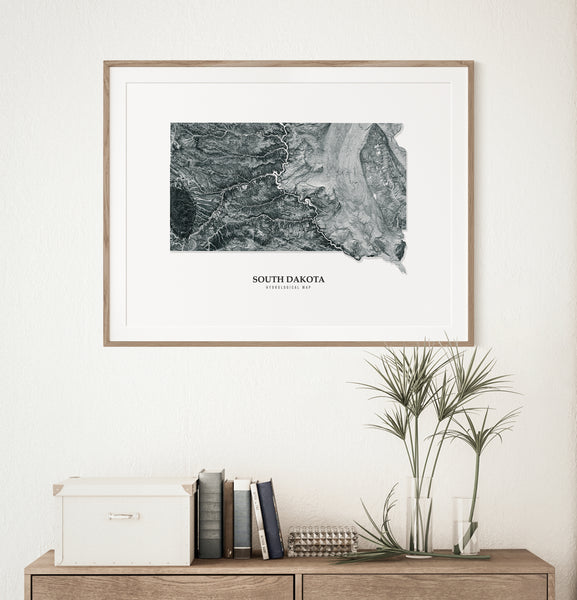 South Dakota Hydrological Map Poster Black