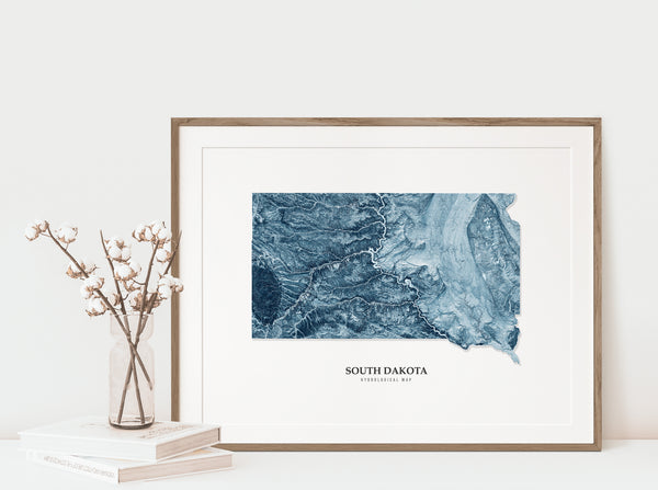 South Dakota Hydrological Map Poster Blue