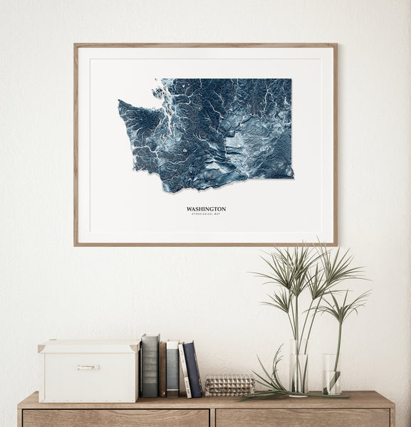 Washington Hydrological Map Poster Blue