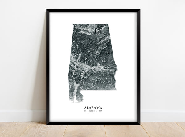 Alabama Hydrological Map Poster (Black)