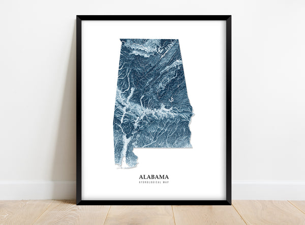 Alabama Hydrological Map Poster Blue