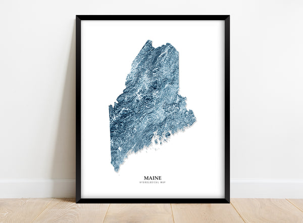 Maine Hydrological Map Poster Blue