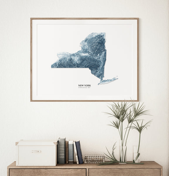 New York Hydrological Map Poster Blue