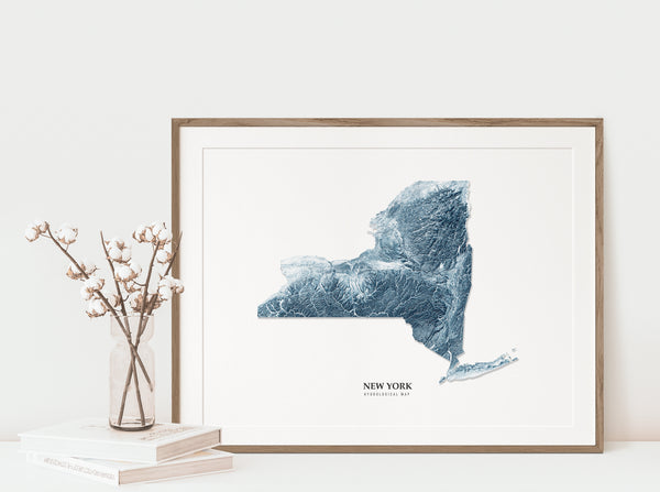 New York Hydrological Map Poster Blue